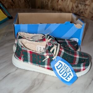 Hey Dude Green and Red Plaid Slip-Ons